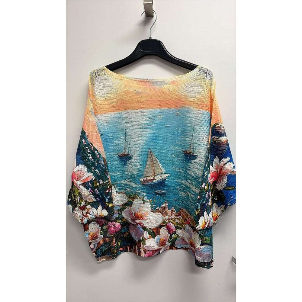L101 Loowie Blue Boat Knit Printed Sweater One Size